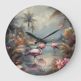 美しいヴィンテージの絵画植物性フラミンゴ ラージ壁時計