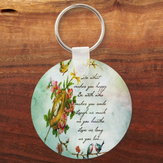 美しいヴィンテージの花の木の枝と鳥 キーホルダー (正面)