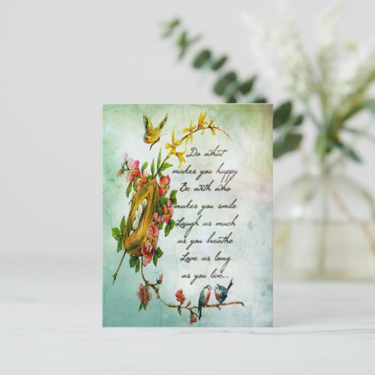 美しいヴィンテージの花の木の枝と鳥 ポストカード (スタンド正面)