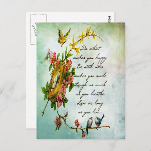 美しいヴィンテージの花の木の枝と鳥 ポストカード (正面/裏面)