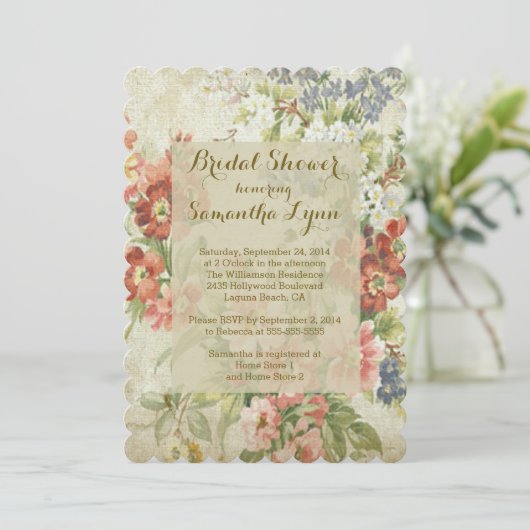 美しいヴィンテージの花柄のブライダルシャワー 招待状 (スタンド正面)