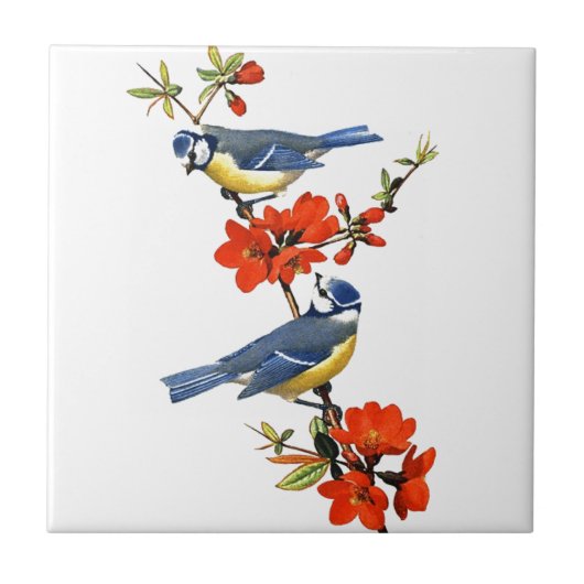 美しいヴィンテージの花紅花鳥 タイル (正面)