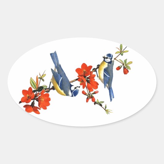 美しいヴィンテージの花紅花鳥 楕円形シール (正面)