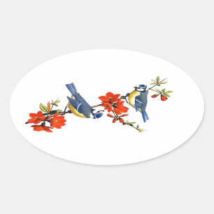 美しいヴィンテージの花紅花鳥 楕円形シール