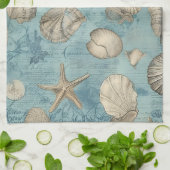 美しいヴィンテージの貝殻が青 キッチンタオル (折り畳み)
