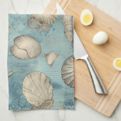 美しいヴィンテージの貝殻が青 キッチンタオル (四つ折り)