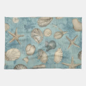 美しいヴィンテージの貝殻が青 キッチンタオル (横)