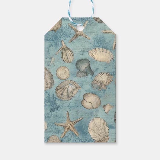 美しいヴィンテージの貝殻が青 ギフトタグ (正面)