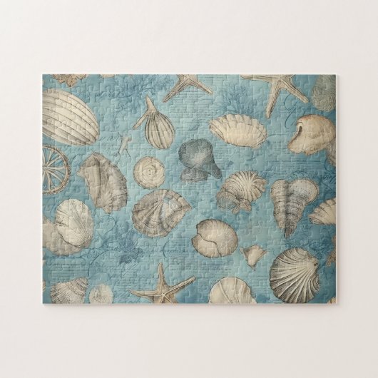 美しいヴィンテージの貝殻が青 ジグソーパズル (横)