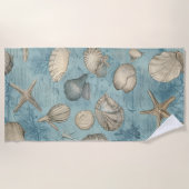 美しいヴィンテージの貝殻が青 ビーチタオル (正面)