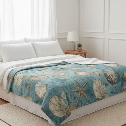 美しいヴィンテージの貝殻が青 フリースブランケット