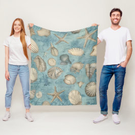 美しいヴィンテージの貝殻が青 フリースブランケット