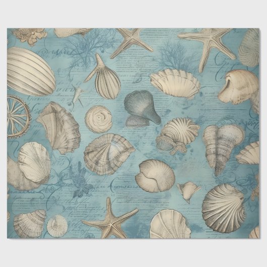 美しいヴィンテージの貝殻が青 ラッピングペーパー (フラット)