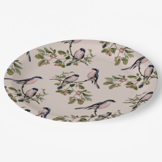 美しいヴィンテージの鳥のプリント ペーパープレート (アングル)