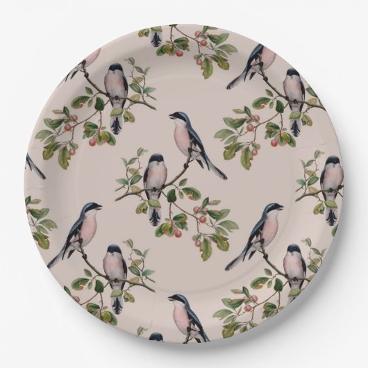美しいヴィンテージの鳥のプリント ペーパープレート (正面)