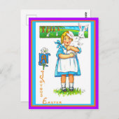 美しいヴィンテージイースターガール&イースターバニーコピー ポストカード (正面/裏面)