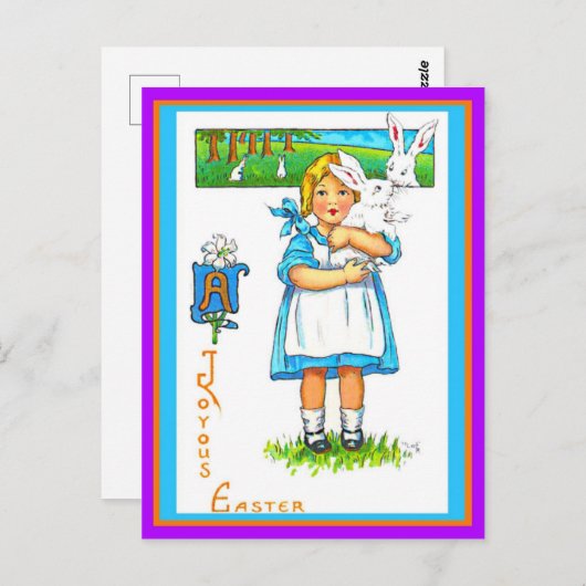 美しいヴィンテージイースターガール&イースターバニーコピー ポストカード (正面/裏面)