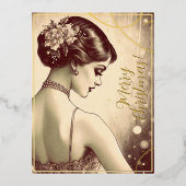 美しいヴィンテージガールメリークリスマスグリーンレトロ 箔シーズンポストカード (正面)