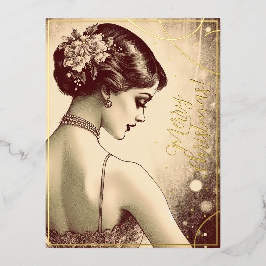 美しいヴィンテージガールメリークリスマスグリーンレトロ 箔シーズンポストカード (正面)