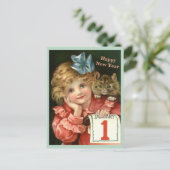 美しいヴィンテージガール&キッテンコピー新年 ポストカード (スタンド正面)