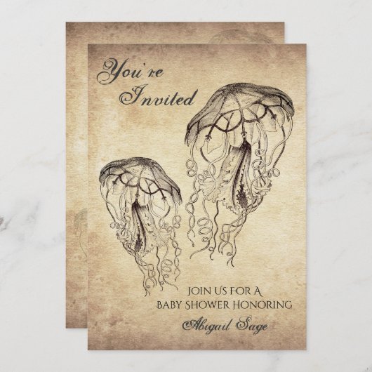 美しいヴィンテージクラゲビーチベビーシャワー 招待状 (正面/裏面)