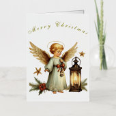 美しいヴィンテージクリスマスエンジェル 箔グリーティングカード (正面)