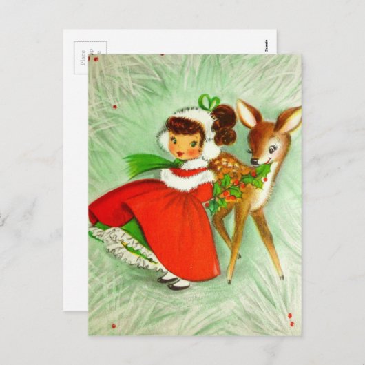 美しいヴィンテージクリスマストインデナー&ガール シーズンポストカード (正面/裏面)