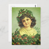 美しいヴィンテージクリスマスホリーとアイビーガール ポストカード (正面/裏面)