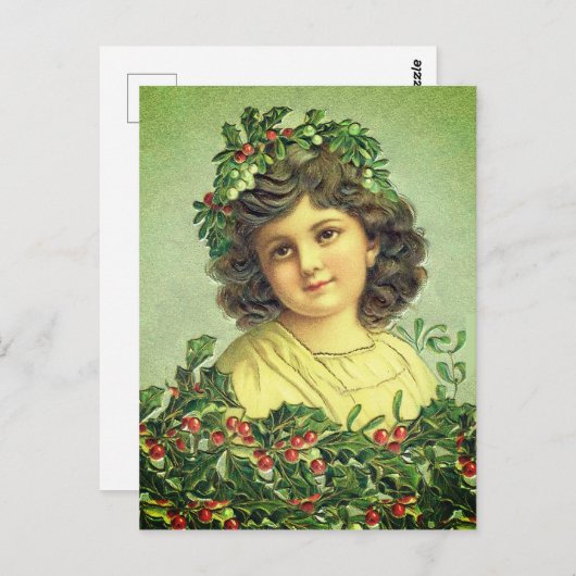 美しいヴィンテージクリスマスホリーとアイビーガール ポストカード (正面/裏面)