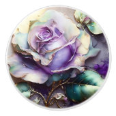 美しいヴィンテージティール（緑がかった色）と紫のバラ セラミックノブ (正面)