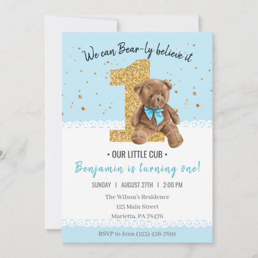 美しいヴィンテージテディベア1st誕生日 招待状 (正面)