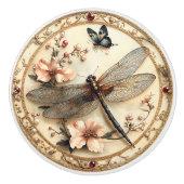 美しいヴィンテージトンボピンクの花蝶 セラミックノブ (正面)