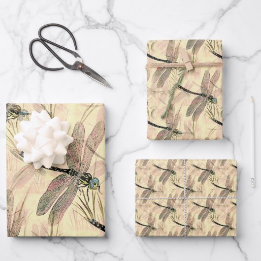 美しいヴィンテージトンボ模様フラット ラッピングペーパーシート (正面)