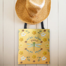 美しいヴィンテージトンボ緑と金ゴールドの花 トートバッグ