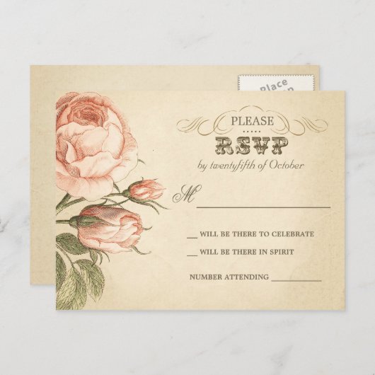 美しいヴィンテージバラ結婚式rsvpポストカード インビテーションポストカード (正面/裏面)