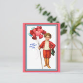 美しいヴィンテージバレンタインボーイwi/ハートバルーン ポストカード (スタンド正面)