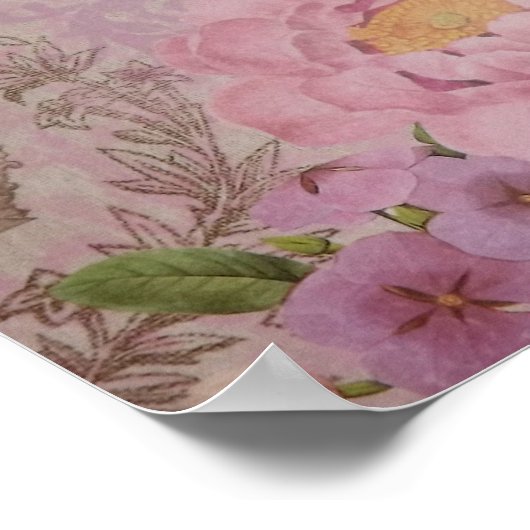 美しいヴィンテージピンクと青のバラと花 ポスター (角)