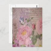 美しいヴィンテージピンクと青のバラと花 ポストカード (正面/裏面)