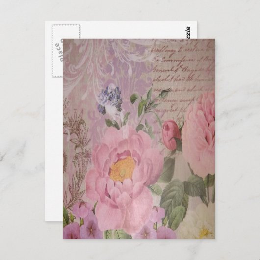 美しいヴィンテージピンクと青のバラと花 ポストカード (正面/裏面)