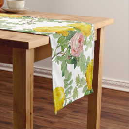 美しいヴィンテージピンクと黄色のバラのフローラ ショートテーブルランナー