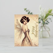 美しいヴィンテージフェアリーメリークリスマスグリーンレトロ 箔シーズンポストカード (立ち正面)