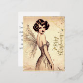 美しいヴィンテージフェアリーメリークリスマスグリーンレトロ 箔シーズンポストカード (正面/裏面)