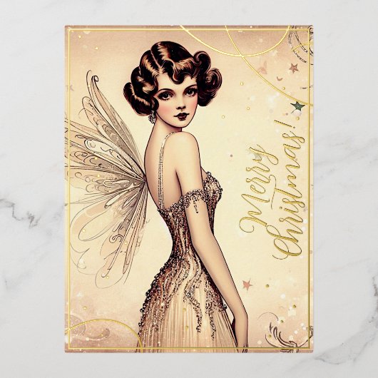 美しいヴィンテージフェアリーメリークリスマスグリーンレトロ 箔シーズンポストカード (正面)