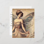 美しいヴィンテージフェアリーメリークリスマスグリーンレトロ 箔シーズンポストカード (正面/裏面)