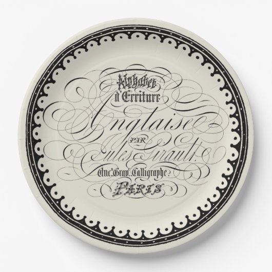 美しいヴィンテージフランスの書オンベージュ ペーパープレート (正面)