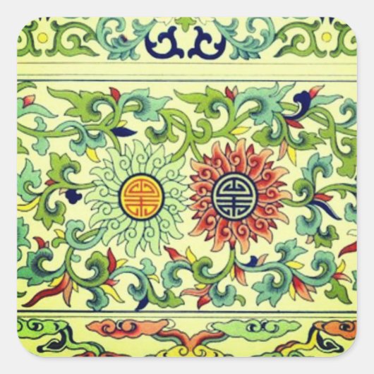 美しいヴィンテージフローラ中国の長寿ステッカー スクエアシール (正面)