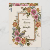 美しいヴィンテージフローラ鳥の水結婚色の 招待状 (正面/裏面)