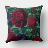 美しいヴィンテージブルーと赤のバラが点灯ティール（緑がかった色） クッション (裏面)