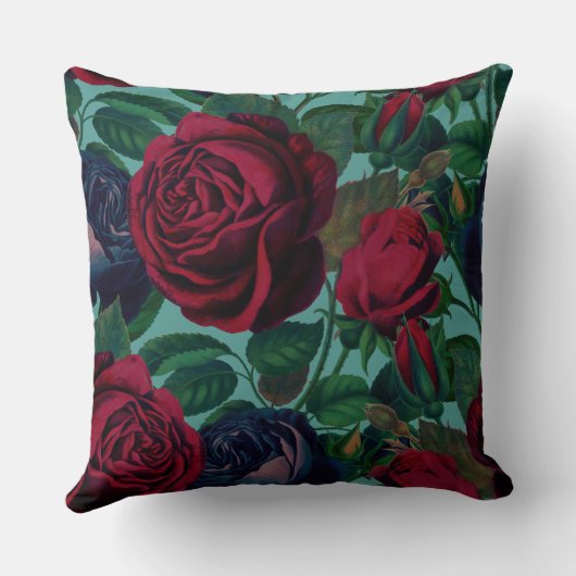 美しいヴィンテージブルーと赤のバラが点灯ティール（緑がかった色） クッション (裏面)