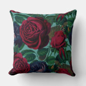 美しいヴィンテージブルーと赤のバラが点灯ティール（緑がかった色） クッション (正面)
